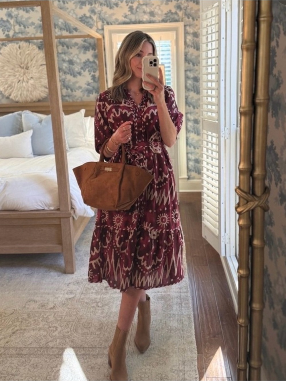 THML Georgia Midi Dress, ikat print with tie waist.